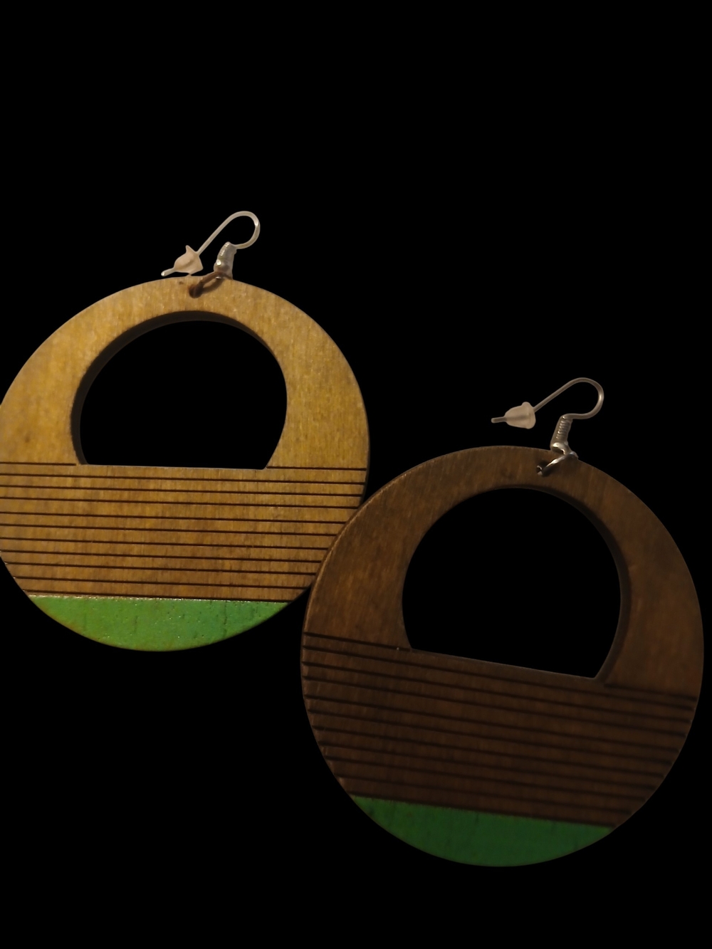 Wooden Hoop Drop Earrings with Green Accent